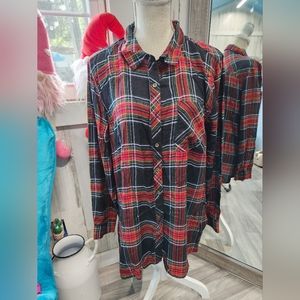 Ladies Red and Black Plaid Button Down Shirt